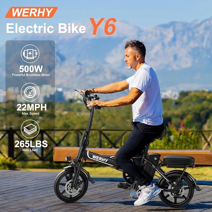 WERHY Electric Bike for Adults, 500W Motor, 22 MPH Max Speed Folding Ebike, 14" Electric Bicycles, Max 30/40 Miles Range (Pedal Assist Mode), Mini E Bikes