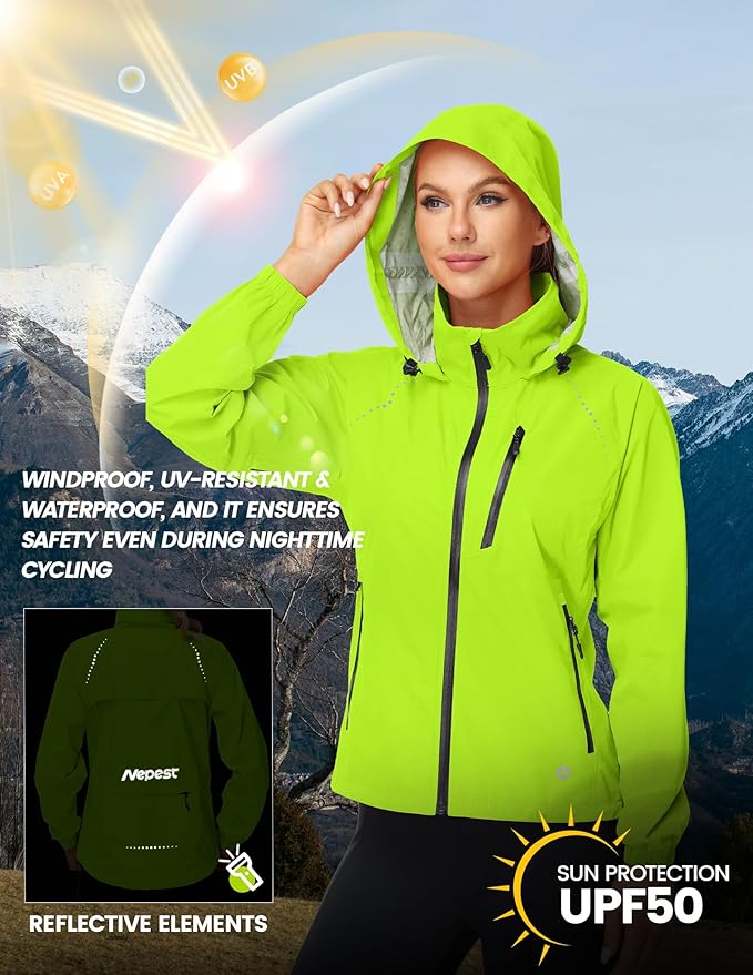 Nepest Womens Cycling Rain Jackets Lightweight Waterproof Biking Running Windbreaker UPF 50+ Reflective Packable Hooded