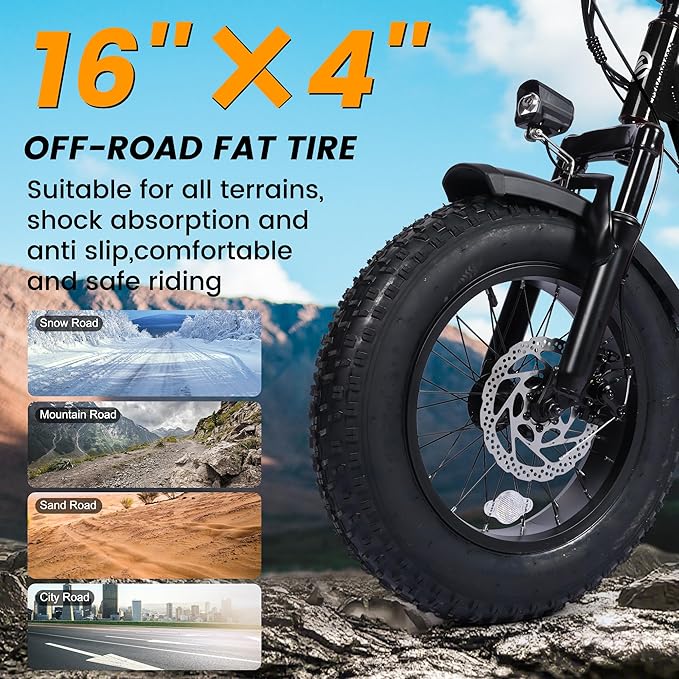 ESKUTE V100 Electric Bike for Adults, Electric Dirt Bike 1500W Peak Motor, All Terrain Dual Suspension E Bike 28MPH Top Speed, Ebike Up to 60 Miles Range, 16" Fat Tire, 48V13Ah Battery, 7-Speed
