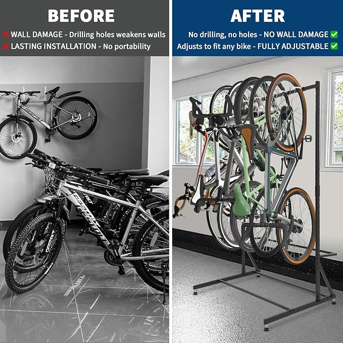 Freestanding Bike Stand for Garage, 5 Bike Storage Rack Vertical Bike Storage Stand Heavy Duty Bike Floor Stand, Adjustable Height, Up to 300Lbs, for Backyards, Basements, Storefronts, Workplaces