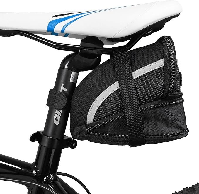 BV Strap-On Bike Bag with Reflective Material - Saddle Bag with Seperate Divider for Small Items for All Your Essentials - Bike Pouch with Taillight Hanger for Maximum Safety