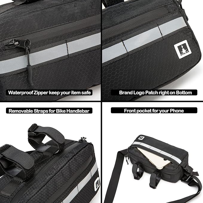 ROYALFAIR Waterproof Bike Handlebar Bag with Reflective Strips & Shoulder Strap, Bicycle Front Frame Storage Pouch for Mountain Road Cycling Commuting (Black)