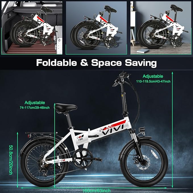 Vivi Folding Electric Bike for Adults, 20" x 2.4 Fat Tire Ebike, Peak 1000W Foldable Electric Bicycle, 22MPH Commuter E-Bike with 48V Removable Battery, 7 Speed, SGS Certified to UL2849