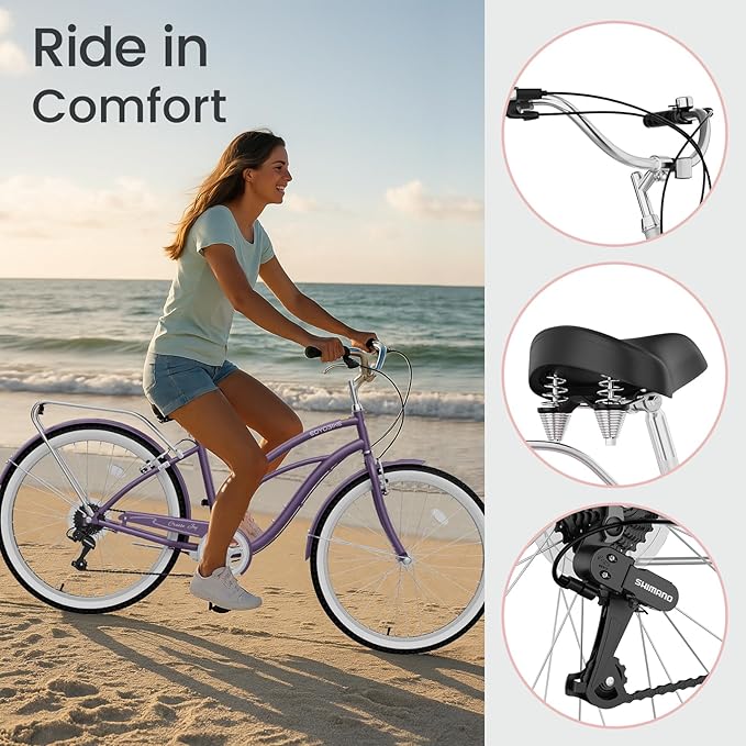 MOPHOTO 24" 26" Adult Bike 7-Speed Beach Cruiser Bike for Adults, Rear Rack, Fenders, Step-Through or Classic Frame