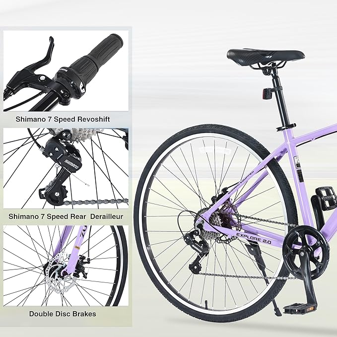 7 Speed Hybrid Bike Aluminum Alloy Frame Double Disc Brakes 700C Road Bike for Men Women's City Bicycle