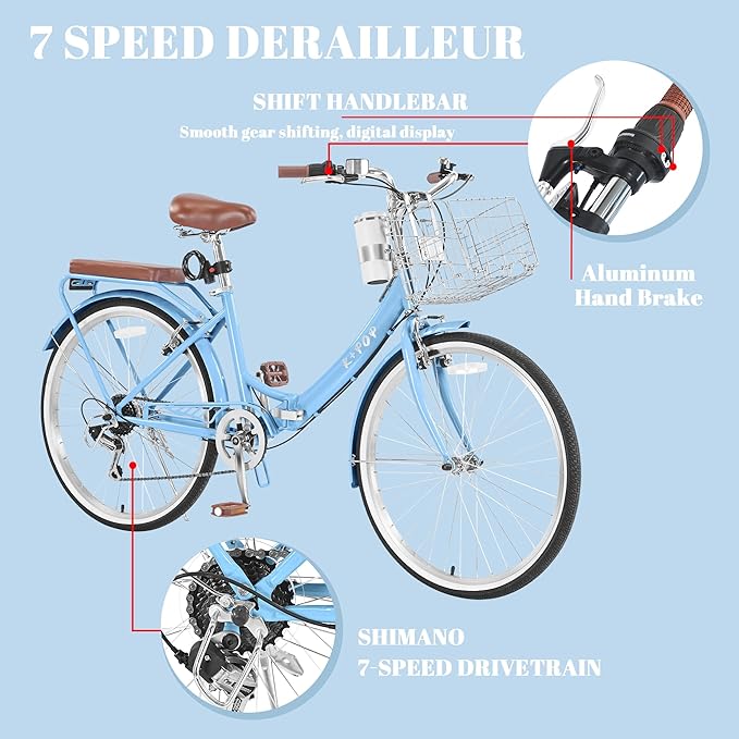24/26 Inch Foldable Beach Cruiser Bike for Womens, 7 Speed Womens Bike with Basket and Coffee Cup, Commuting Bicycles for Women, Lightweight Complete Cruiser Bikes Bicycle for Ladies Adults