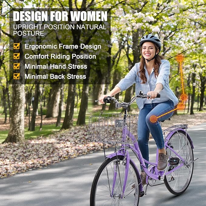 Ktaxon Women Bike 24/26 Inch Bicycles for Women, Beach Cruiser Bike with Premium Derailleur & Shift Lever, Adjustable Seat, High-Carbon Steel Frame and Excellent Welding Technology | Premium Derailleur, Shift Lever, Adjustable Seat