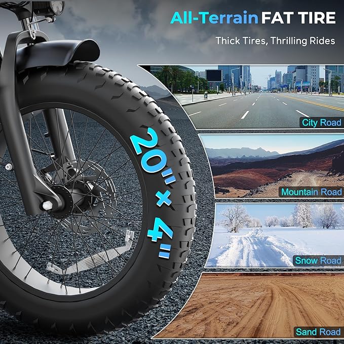 T63 Multi-Color Electric Bike for Adults & Teens, 1000W Peak Motor, 20MPH 468Wh Remove Battery,20"x4"Fat Tire Ebike, Moped Style Comfortable Electric Bikes,Long Seat E Bikes for All-Terrain