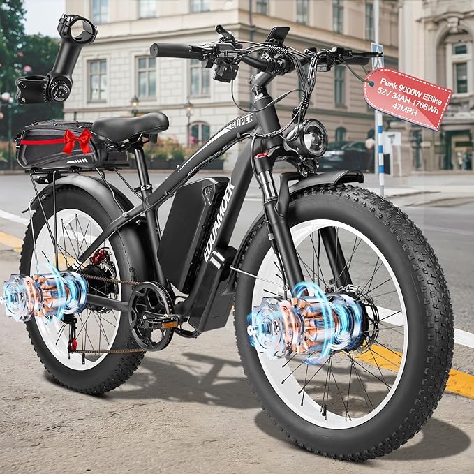 Peak 9000W Dual-Motor-Ebike with 52V 34AH 1768Wh Battery, 42-46MPH 24 Inch Dual-Motor-Electric-Bike for Adults, Up To 105 Miles with Disc Brake Fat Tire Electric Bicycle E Bike Mountain Snow