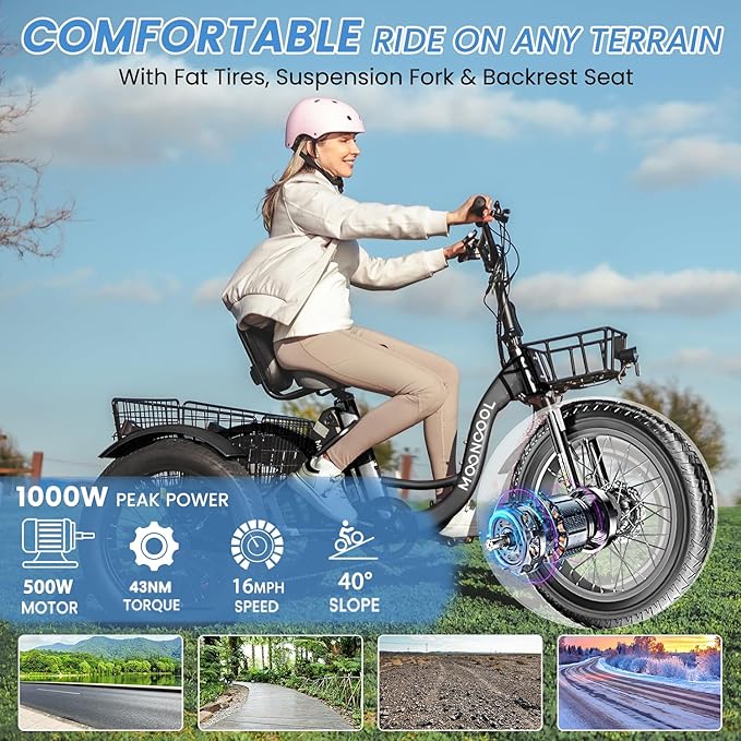 MOONCOOL 1000W 4" Fat Tire Electric Tricycle for Adults, 48V 14.5Ah All-Terrain Aluminum 20" E-Trike, Front Suspension, 7-Speed, 400lbs Max Payload