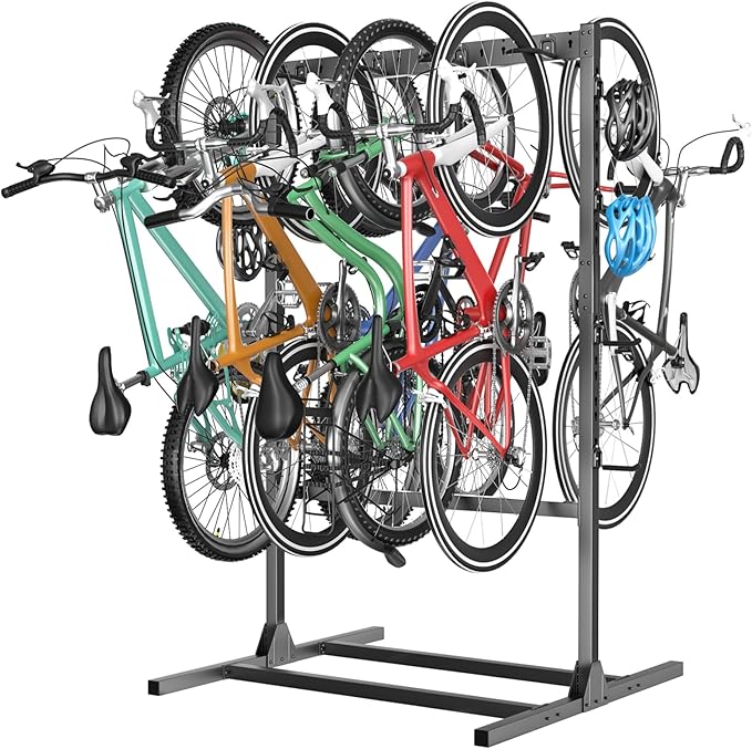 TORACK Freestanding Bike Storage Stand for Garage, Heavy Duty 7 Bikes and 7 Helmets Vertical Bike Storage Stand Floor Bikes Storage Rack