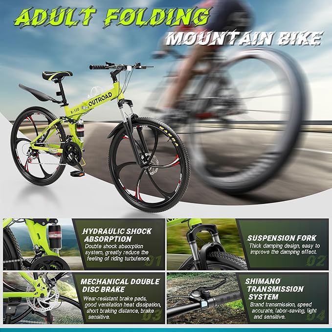 26" Foldable MTB – 21-Speed Full Suspension, High-Carbon Steel Frame, Dual Disc Brakes & Quick-Release Tires – Adults & Teens (Multiple Colors)