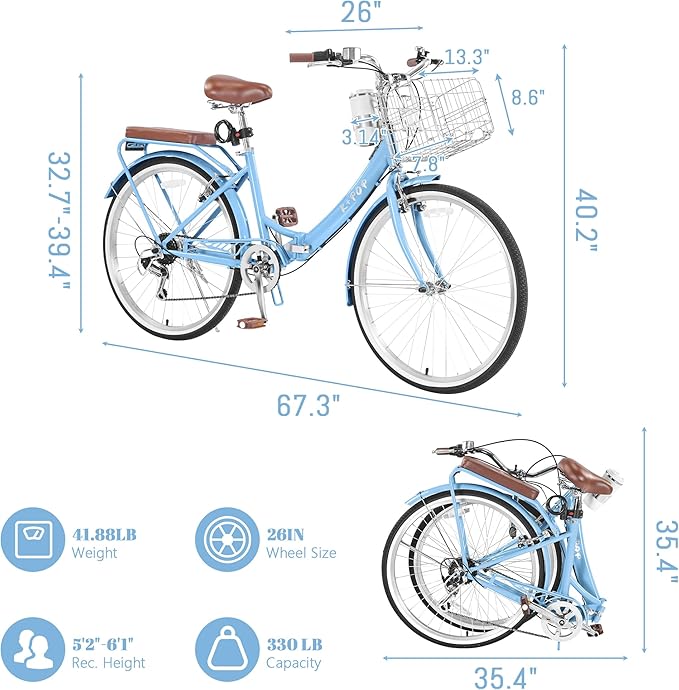 24/26 Inch Beach Cruiser Bike for Women Folding Bikes, 7-Speed Womens Bike with Basket and Coffee Cup, Womens Foldable Bicycle Commuter Bikes for Adults, Adjustable Seat & Dual V-Type Brakes