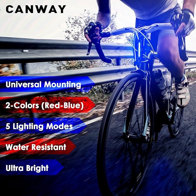 Canway Bicycle Rear Light Red/Blue, Bike Tail Light Rechargeable 168 Lumens Bike Tail Light Battery USB C 500mah 5 Modes Waterproof Safety for Road Mountain Night Riding