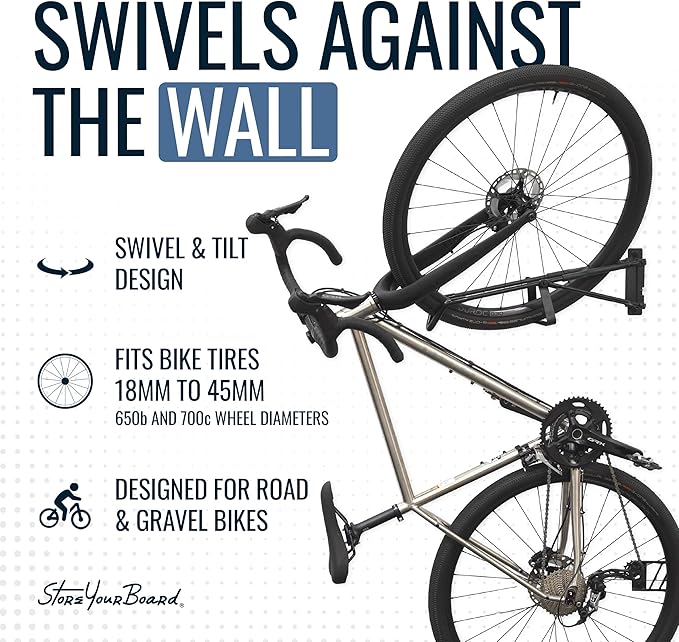 StoreYourBoard SwivelStow Bike Rack Garage Storage Rack 1 Pack - 1 Road & Gravel Bike Wall Mounts - Heavy Duty Bike Hanger - No-Lift Bike Rack Garage Storage Rack - Holds 70 lb Capacity