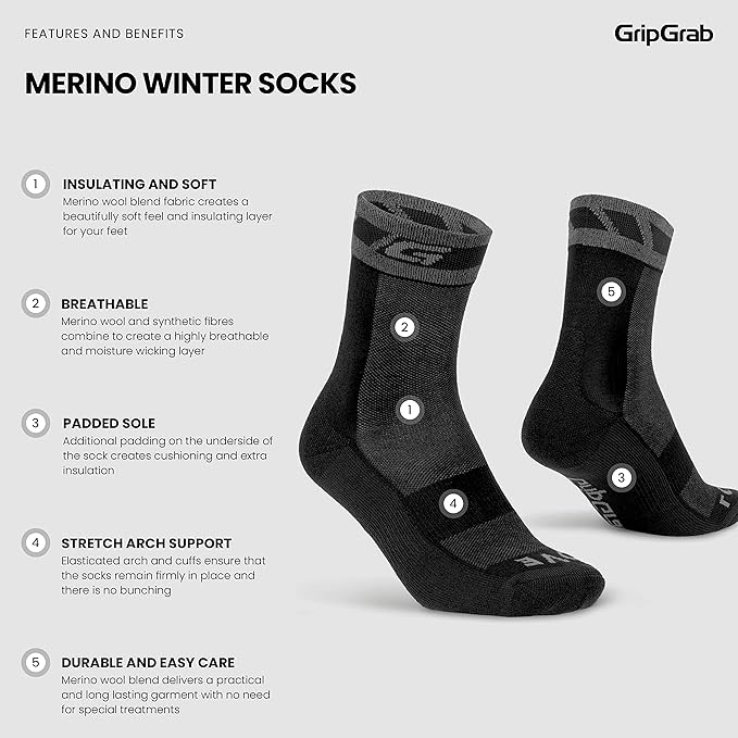 GripGrab Merino Winter Cycling Socks Insulated Thermal Padded Cushioned Breathable Warm Soft Thick Wool Bike Sock