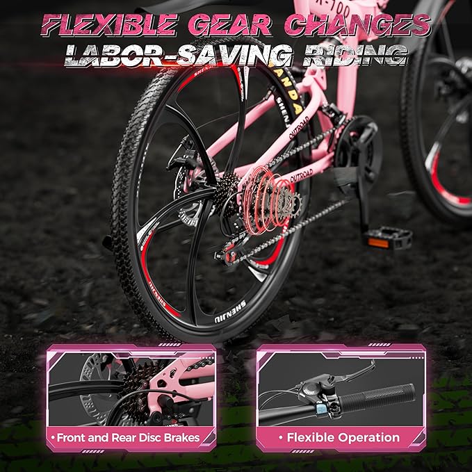 26 Inch Adult Folding Bikes/Mountain Bikes, 21 Speeds Mountain Bicycles with Full Suspension, Dual Disc Brake, High Carbon Steel Frame, Foldable Bike for Men/Women/Teen, Multiple Colors