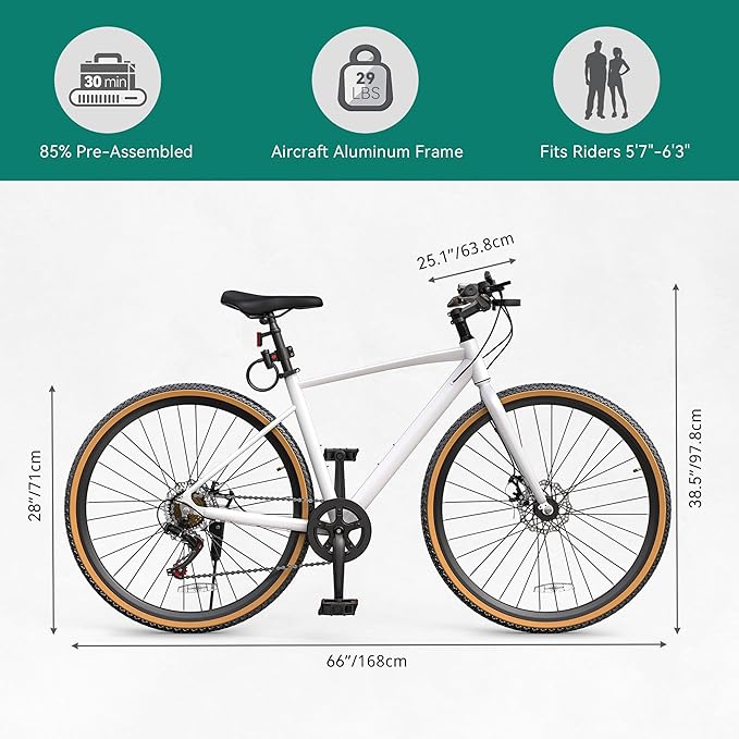 YITAHOME 28 Inch Hybrid Bikes, Lightweight Aluminum Bicycles for Men Women Adults, 700C Hybrid Bicycle with Disc Brake, 7 Speed Commuter Bikes with Cup Holder