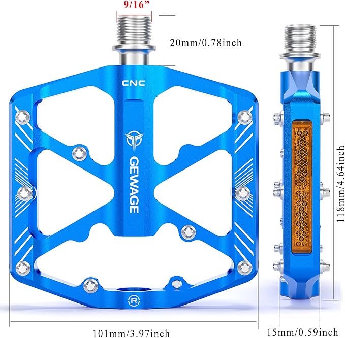 Bike Pedals 9/16 Inch - Bicycle Pedals with Reflectors - 3 Sealed Bearings MTB Pedals Wide Platform Pedals for Mountain Bike, BMX, Road Bike Pedals