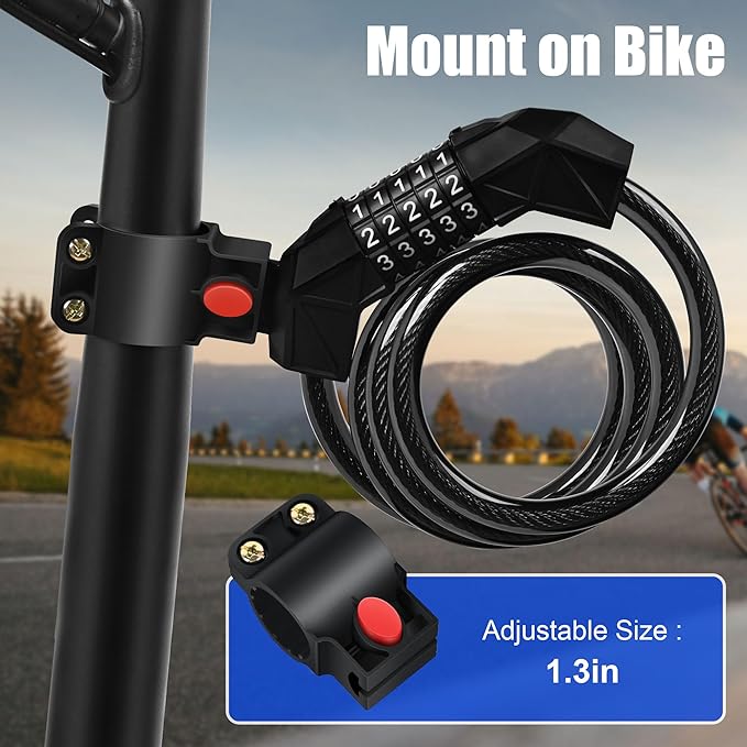 Ebike Electric Bike Cable Lock, Resettable 4 Feet Cable Lock for Electic Bicycle, Electric Scooter, Motorcycle with Mounting Bracket
