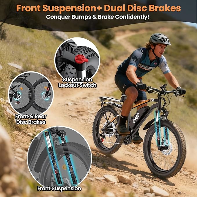 Fat Tire Electric Mountain Bike 1500W Peak, 48V 15Ah Removable Battery,20MPH Speed & 60 Miles Range Electric Bicycles, 26" All Terrain Off Road E-Bike for Adults w/ Lockable Suspension & 7 Speed Gears