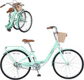 24/26 Inch Folding Girls/Womens Cruiser Bike，1-Speed Foldable Hybrid City Bicycle with Dual Brakes,Basket & Rear Rack，Adjustable Seat Post&Handlebar，3 Colors
