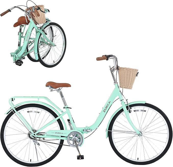 24/26 Inch Folding Girls/Womens Cruiser Bike，1-Speed Foldable Hybrid City Bicycle with Dual Brakes,Basket & Rear Rack，Adjustable Seat Post&Handlebar，3 Colors