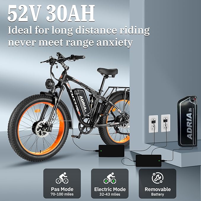 Tuttio Adria26 5000W/6000W Dual-Motor Ebike,40-46MPH Electric- Bike for Adults, 26 * 4" Fat Tire Electric Bicycle, 52V 25AH E-Bike Full Suspension Electric Dirt Bike for Off-Road Mountain Hunting