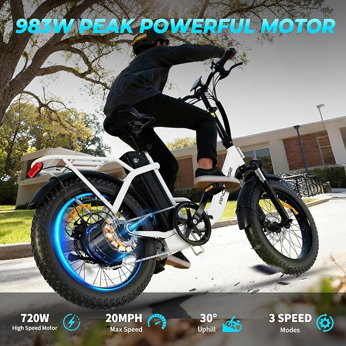 WINDHORSE 20" Foldable Electric Bike, 983W Peak Motor, 20MPH, 40–70 Miles, 48V 748.8Wh Removable UL Battery, Front Suspension, Fat Tire E-Bike for Commuting, Beach, All -Terrain | Adults & Teens