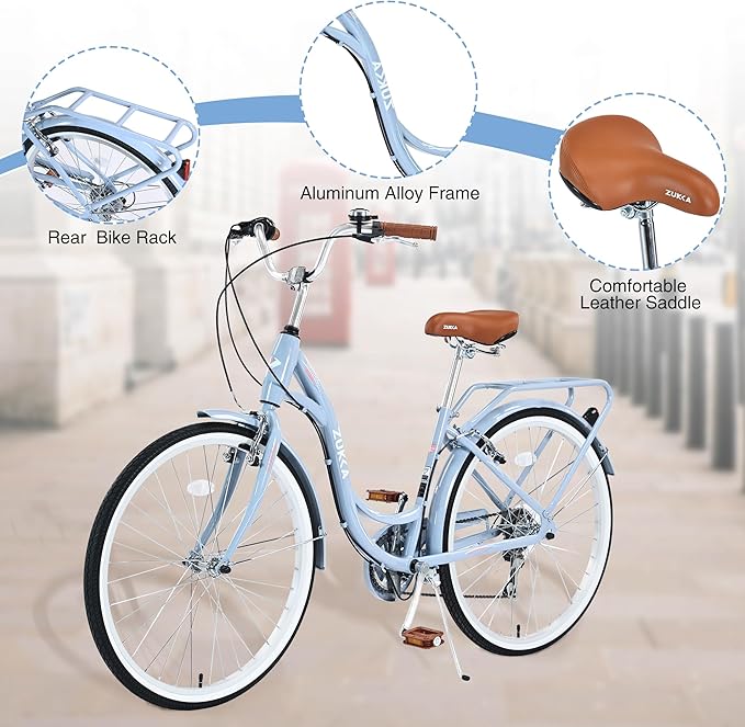 ZUKKA Beach Cruiser Bike for Women 24/26 Inch Ladies Bike 7 Speed Complete Cruiser Bikes with Dual V-Brake and Adjustable Seat, Adult City Bike for Women, Men, Multiple Colors