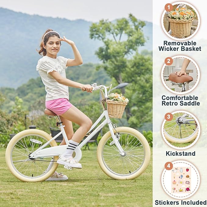 Petimini Vintage Kids Bike for Girls, 12–20 Inch Classic Bicycle with Wicker Basket & Bell, High Tensile Steel Frame, Training Wheels (12–18”), 85% Pre-Assembled, Retro Bike for Outdoor Riding