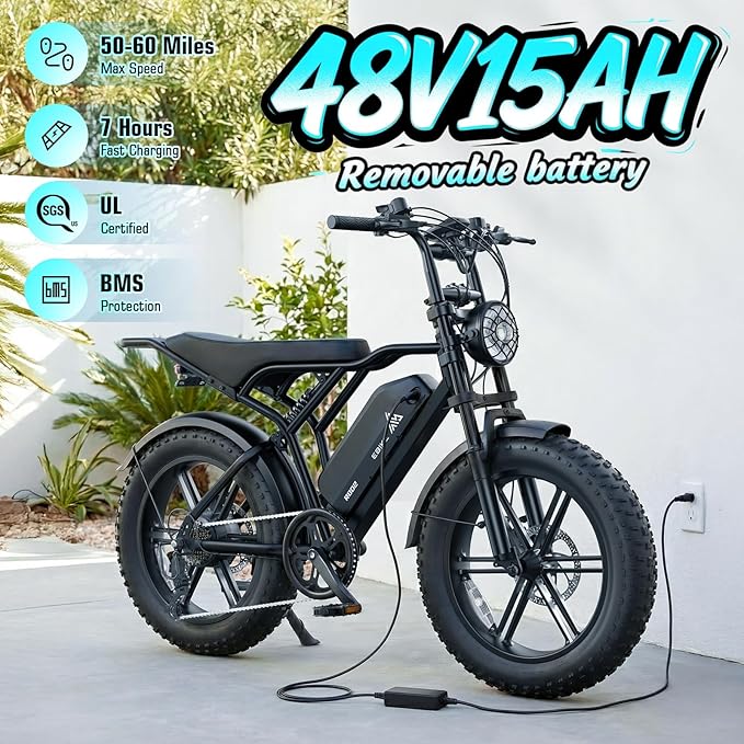TST Electric Bike for Adults, 1500W Peak Motor 28 MPH 60/100 Miles Fat Tire Ebike with 48V 15Ah/25Ah Removable Battery 20" Electric Dirt Bike Full Suspension and 7-Speed