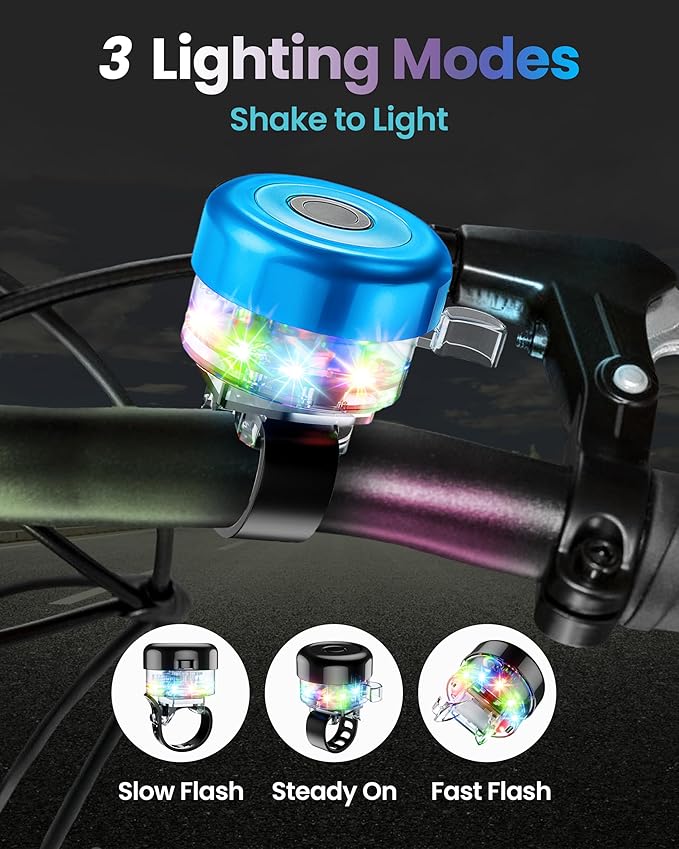 Bike Bell for Kids & Adults, LED Light Up Bike Bell Loud Crisp Sound Bicycle Bell with 3 Lighting Mode, Rechargeable Adjustable Strap Bike Accessories Fits Most City Bike Mountain Bike Children's Bike