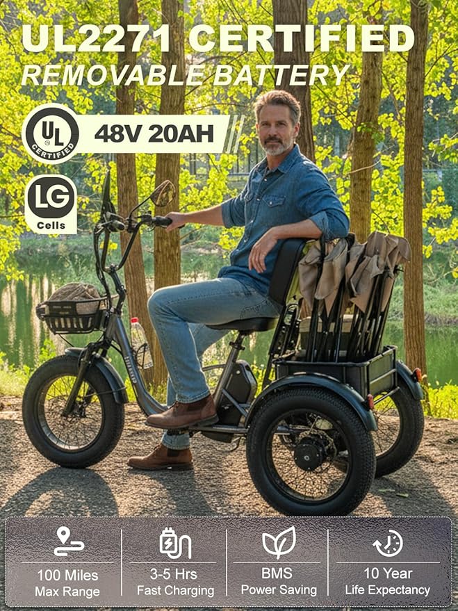 Folding Electric Tricycle for Adults 2 Seater, 22MPH 100 Miles 4" Wide Fat Tire Electric Trike, 3 Wheel Electric Bike 1200W, 48V 20AH Battery, 550LBS Load, Reverse, Parking, Differential, UL Certified