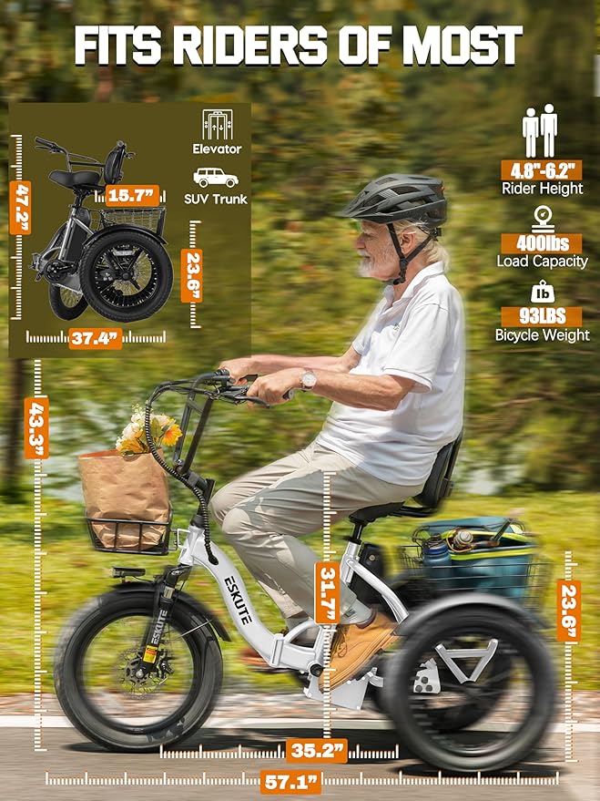 ESKUTE E Trike Electric Bike, Peak 1200W Brushless Motor Folding Trike 18X3.0 Fat Tire Ebike, 624Wh Removable Battery, Step-Thru 3 Wheel Electric Bicycle, Up to 55 Miles, 18MPH+ Tricycle for Adults