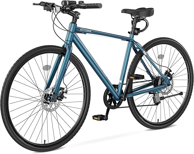 MOPHOTO Hybrid Bike for Adults, 700C City Commuter Bicycle, Lightweight Aluminum Frame, 8-Speed Urban Fitness Bike for Men&Women, Dual Disc Brakes, Upright Flat Handlebar, LED Headlight & Reflectors