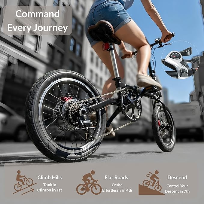 16 Inch Folding Bike for Adults, Instant 1-Second Fold Technology, Lightweight 33lbs Commuter Bicycle, 95% Pre-Assembled, 7-Speed Gear System, Ultimate Space-Saver Foldable Bike for City Travel