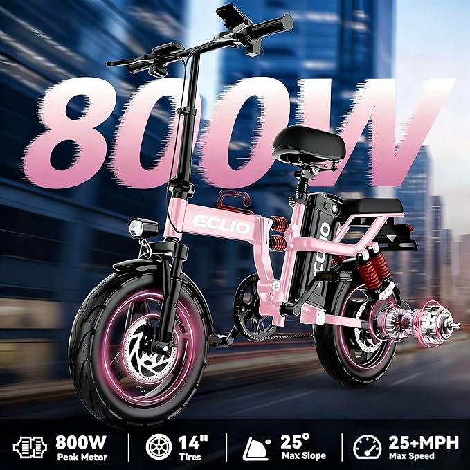 Folding Electric Bike, Peak 800W Motor 25MPH,48V 14Ah Removable Battery 55Miles Ebike,14'' Lightweight Adults Electric Bicycles for Men/Women/Teens,Mini E-Bike,Full Suspension