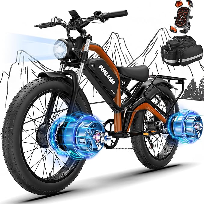 Electric Bike for Adults,5000W/3000W Peak Dual Motor ebike 35MPH E Bikes for Men Women,52V 32/23AH Battery, 80/100 Miles Range Ebike,26”Fat Tire Full Suspension E-Bike