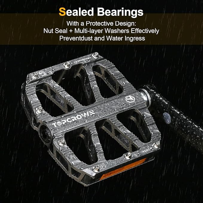 Mountain Bike Pedals with Reflectors, Aluminum Metal Bicycle Flat Pedals 9/16" - 3 Sealed Bearings, Non-Slip Wide Platform with Removable Pins for MTB, Road Bike, BMX, Ebike