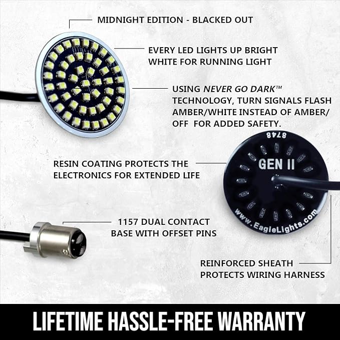 Eagle Lights 8748TS-G2B-4-C Midnight Edition 2 Inch Front and Rear LED Turn Signal Kit Compatible with Harley Davidson® Motorcycles - 1157 Front / 1157 Rear/Add Clear Lenses