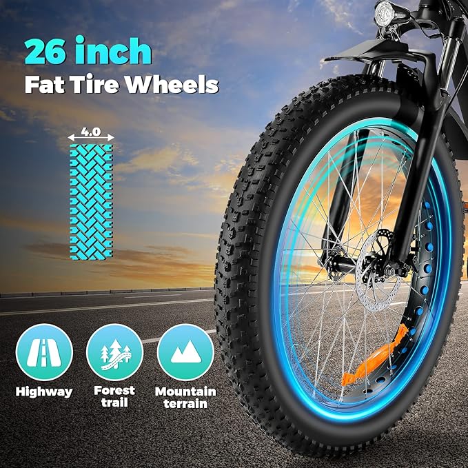 Speedrid Electric Bike 26" Fat Tire Electric Bike for Adult, 25mph Peak 750W 48V 10.4/ 13Ah Removable Battery Electric Mountain Bike, Commuting Off Road Ebike 7 Speed & Front Suspension Fast Charge