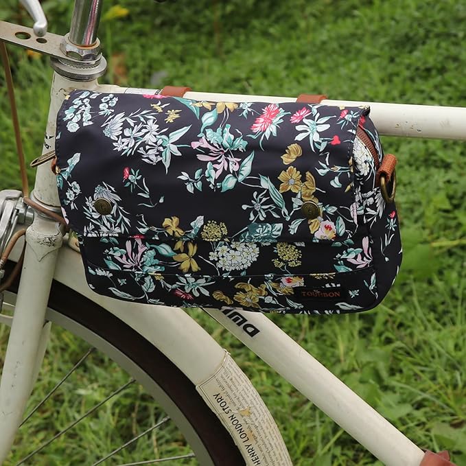 TOURBON Bike Bag Waxed Canvas Bicycle Handlebar Bag Zipper Closure Pouch Crossbar Front Frame Basket Cycling Saddebag Under Seat Strap-on Rear Rack Pannier (Black with Flower (type 2))