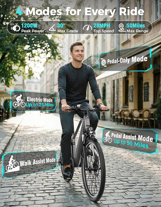 Jasion 26" Electric Bike for Adults, Internal Removable Battery Ebike with 3 Modes & 7-Speed, UL2849 Certified, 1200W Peak Motor, Max 28Mph & 50Miles, Shock Absorber, Electric City Commuter Bicycle
