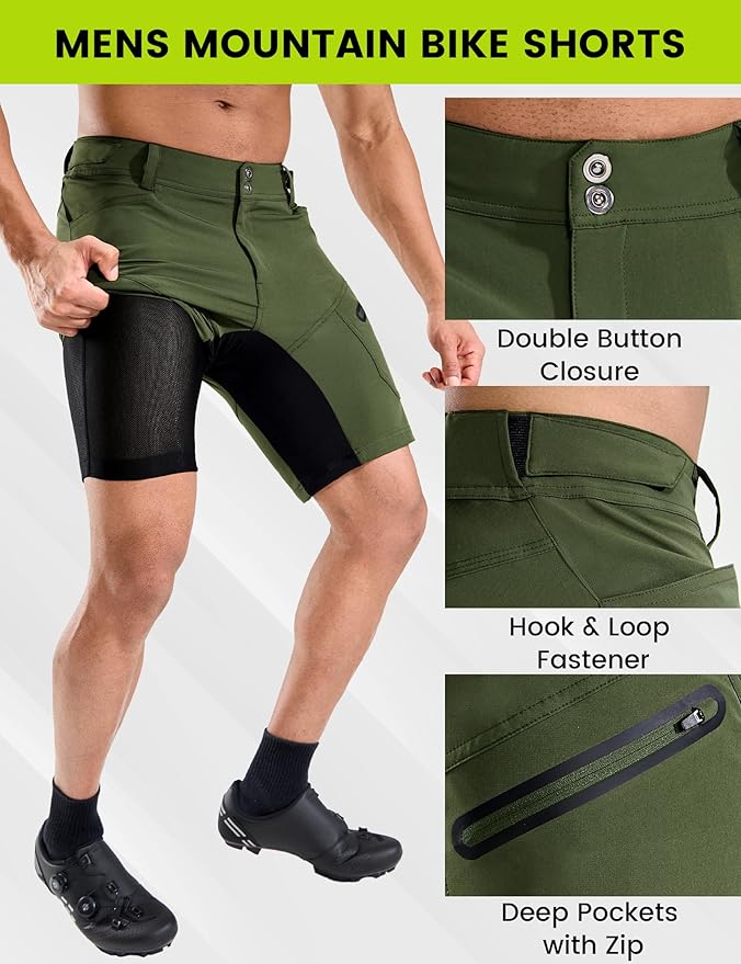 Nepest Mens Mountain Bike Shorts 3D Padded MTB Bicycle Riding Cycling Short Padding Liner Baggy Quick Dry,Zip Pockets