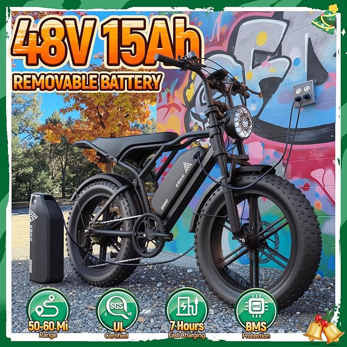 TST Electric Bike for Adults, 1500W Peak Motor Ebike with 48V 15Ah Built-in Battery, 60 Miles Range 28 MPH Electric Bike, 20" Fat Tire E Bike with 7 Speed