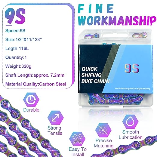 Rainbow 9 Speed Bike Chain, 1/2" x11/128 116 Links for Road Bike Mountain Bike (9 Speed Chain)