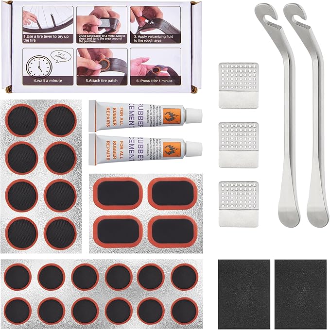 Zacro Bike Tire Repair Kit, Bike Tube Patch Kit with Stainless Steel Tire Levers, 24 PCS Bike Tube Patches,Metal Rasp, Bike Patch Kit for Mountain and Road Bike