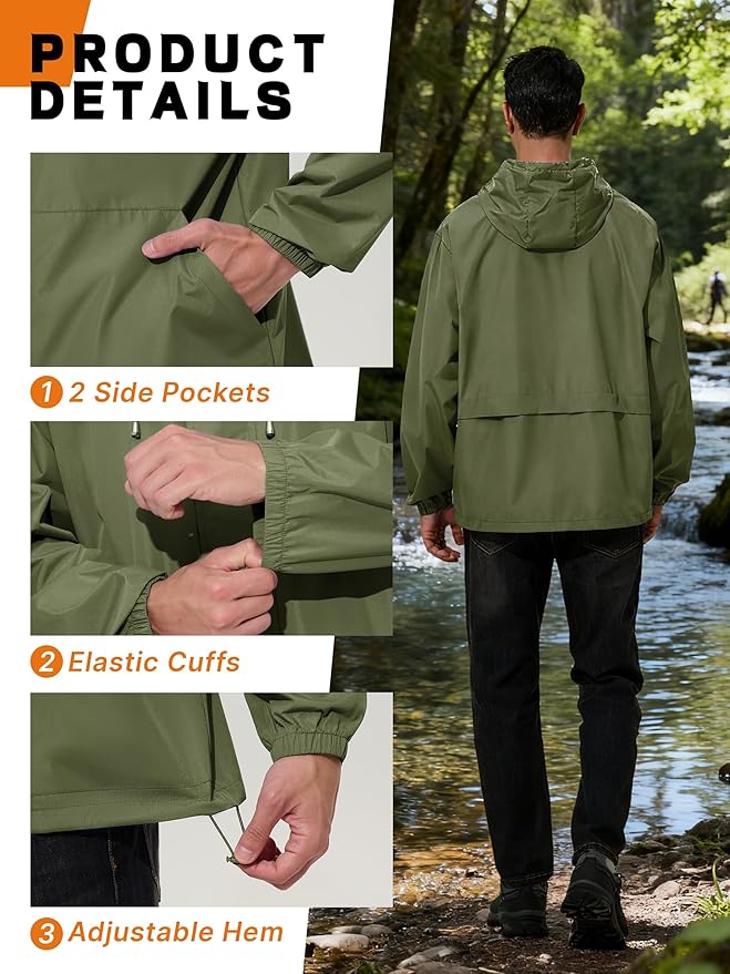 Men's Rain Jacket Waterproof Windbreaker Raincoat Cycling Running Hiking Golf Travel Gear Hood Lightweight Packable