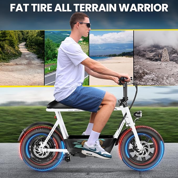 Caroma Peak 1200W/1000W/800W/500W Electric Scooter with Seat,16"/20" Fat Tire Ebike All-Terrain,Max 30Miles&20MPH Electric Scooter Adults,Electric Motorcycle Adults with Storage Basket for Cargo&Pets